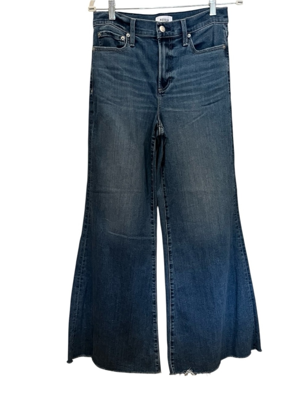 Pistola Dark Indigo Wide Leg Flare raw hem Jeans size 28